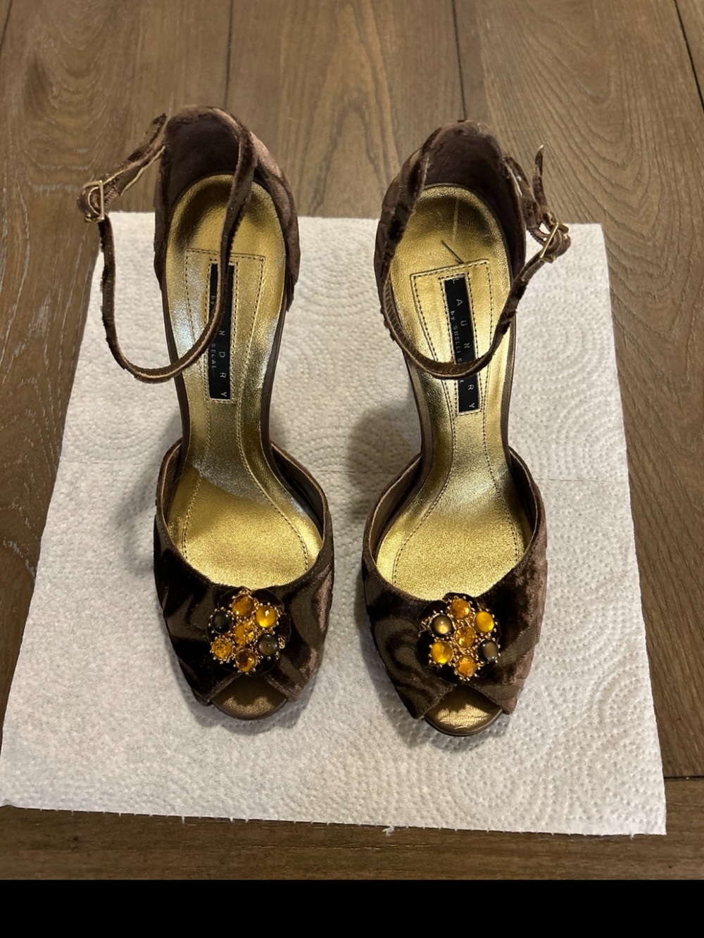 Laundry By Shelli Segal Brown Velvet Peep-Toe Heels with Amber Jewel Cluster